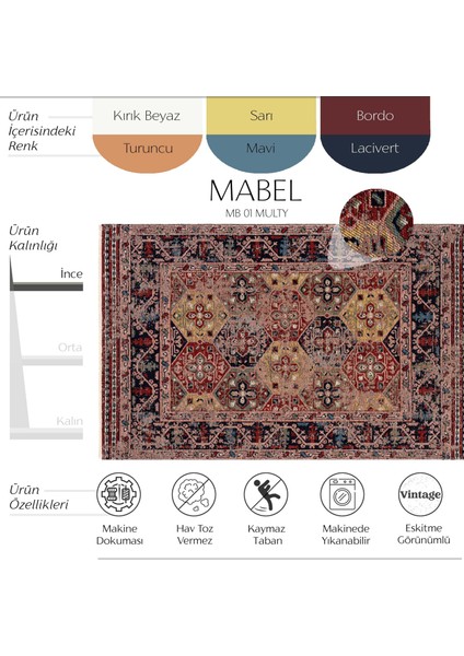 Mabel MB 01 Multy Anadolu Kilim Antik Desenli Kaymaz Taban Yıkanabilir Vintage Dokuma Makine Halısı