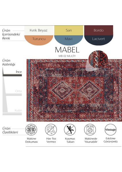 Mabel MB 02 Multy Anadolu Kilim Antik Desenli Kaymaz Taban Yıkanabilir Vintage Dokuma Makine Halısı