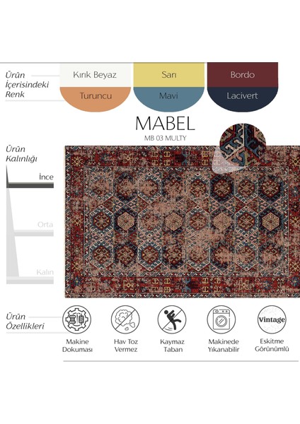 Mabel MB 03 Multy Anadolu Kilim Antik Desenli Kaymaz Taban Yıkanabilir Vintage Dokuma Makine Halısı