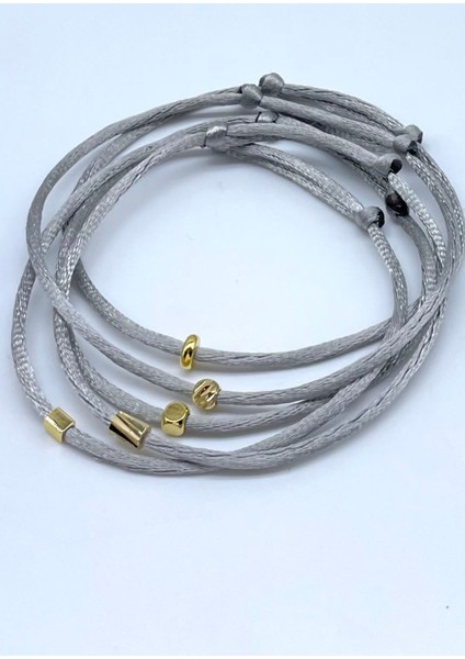 5’li Hediyelik Gold Objeli Minimal Gri Ipek Floş Ip Bileklik Seti
