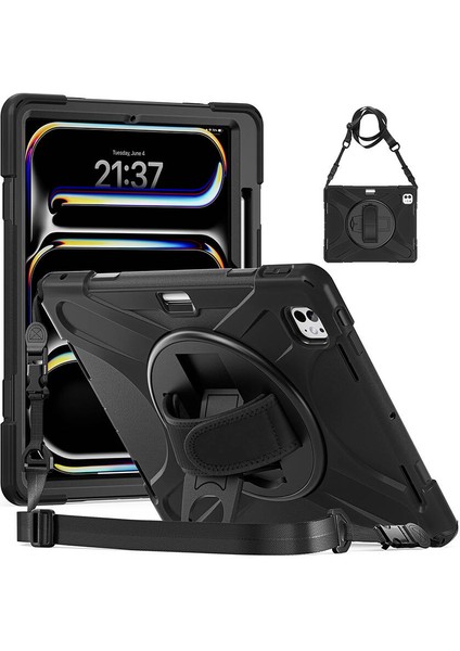Apple iPad Pro 13 2024 Kılıf Askılı Standlı Tank Koruyucu Dönen Kapak (Defender)
