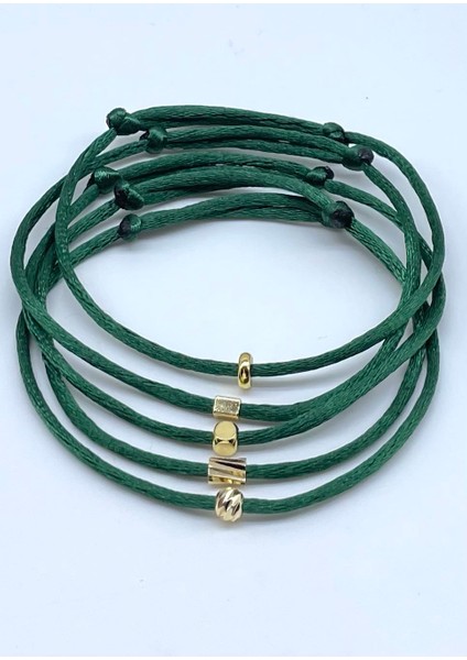 5’li Hediyelik Gold Objeli Minimal Yeşil Ipek Floş Ip Bileklik Seti