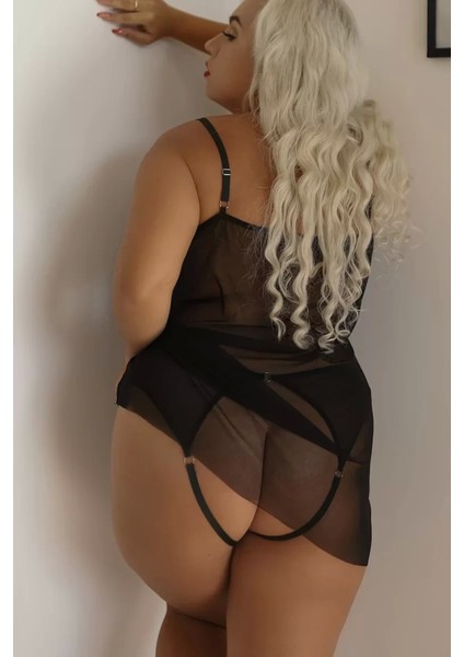 Transparan Siyah Büyük Beden Kısa Tül Gecelik TM1304 fiyatları