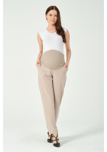Hamile Esnek Karın Bantlı Belden Ayarlı Mom Fit Klasik Gabardin Pantolon Vizon
