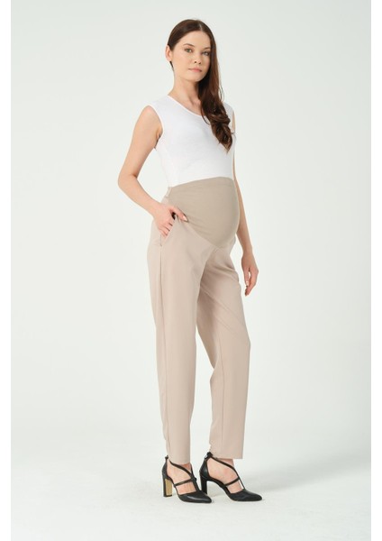 Hamile Esnek Karın Bantlı Belden Ayarlı Mom Fit Klasik Gabardin Pantolon Vizon fiyatları
