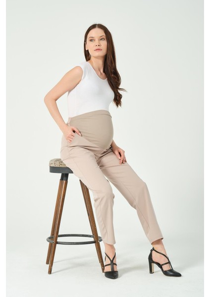 Hamile Esnek Karın Bantlı Belden Ayarlı Mom Fit Klasik Gabardin Pantolon Vizon modelleri