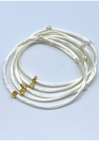 5’li Hediyelik Gold Objeli Minimal Kırık Beyaz Floş Ip Bileklik Seti