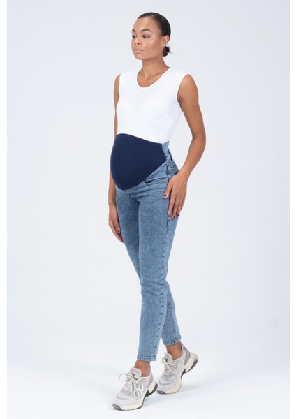 Hamile Esnek Karın Bantlı Mom Fit Kot Pantolon Mavi