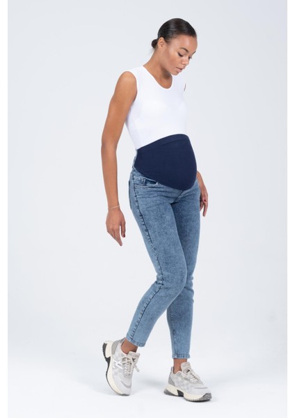 Hamile Esnek Karın Bantlı Mom Fit Kot Pantolon Mavi