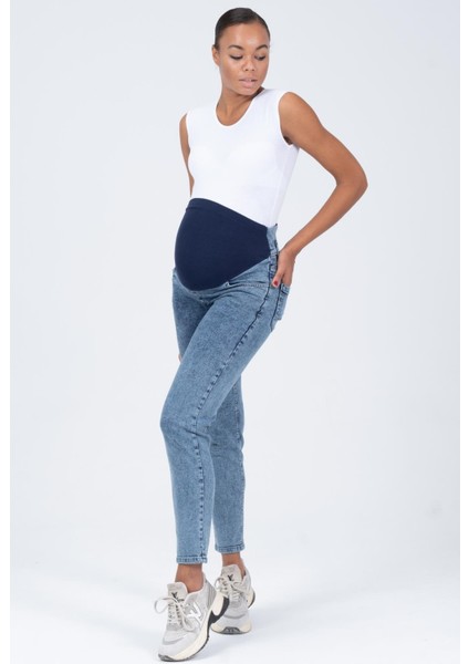 Hamile Esnek Karın Bantlı Mom Fit Kot Pantolon Mavi