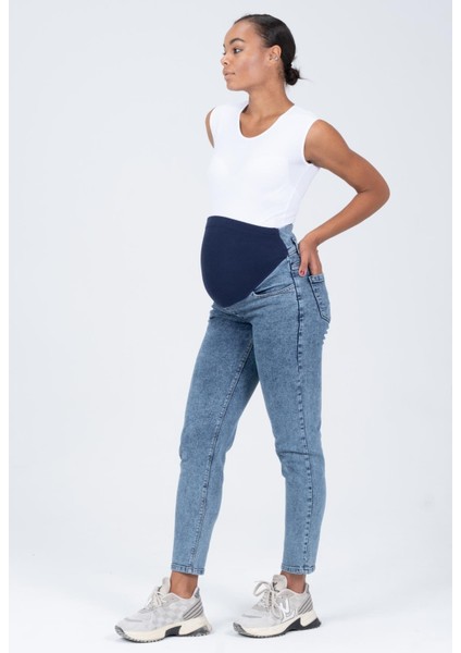 Hamile Esnek Karın Bantlı Mom Fit Kot Pantolon Mavi