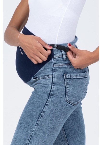 Hamile Esnek Karın Bantlı Mom Fit Kot Pantolon Mavi