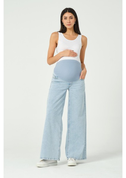 Hamile Esnek Karın Bantlı Beli Ayarlanabilir Geniş Paça Kot Pantolon Mavi