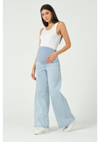 Hamile Esnek Karın Bantlı Beli Ayarlanabilir Geniş Paça Kot Pantolon Mavi fiyatları