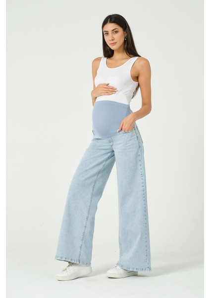Hamile Esnek Karın Bantlı Beli Ayarlanabilir Geniş Paça Kot Pantolon Mavi fırsatları
