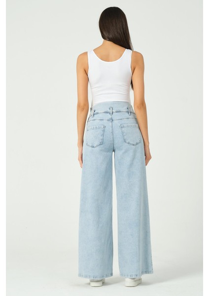 Hamile Esnek Karın Bantlı Beli Ayarlanabilir Geniş Paça Kot Pantolon Mavi indirimleri