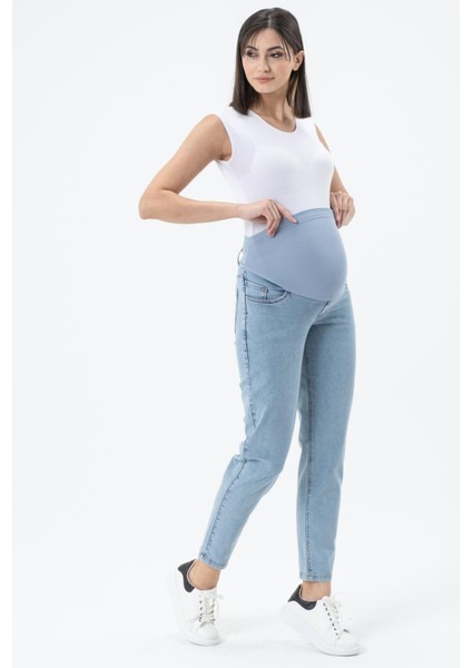 Hamile Esnek Karın Bantlı Mom Fit Kot Pantolon Taş Mavi