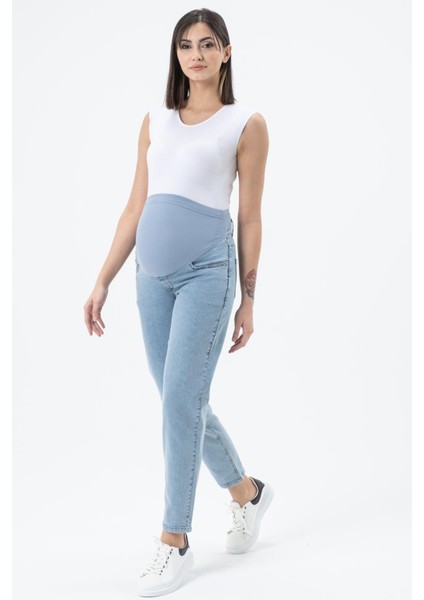 Hamile Esnek Karın Bantlı Mom Fit Kot Pantolon Taş Mavi