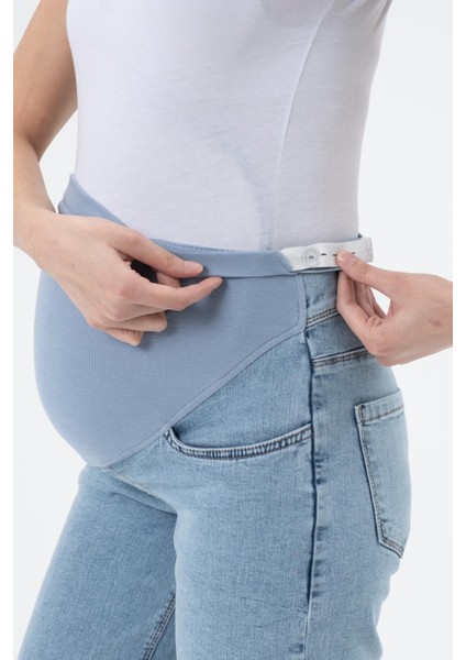 Hamile Esnek Karın Bantlı Mom Fit Kot Pantolon Taş Mavi