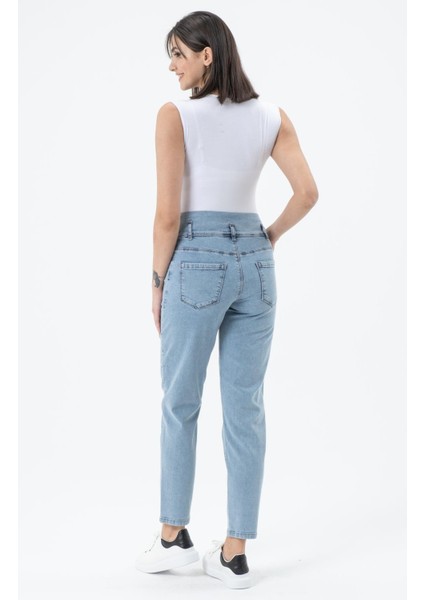 Hamile Esnek Karın Bantlı Mom Fit Kot Pantolon Taş Mavi