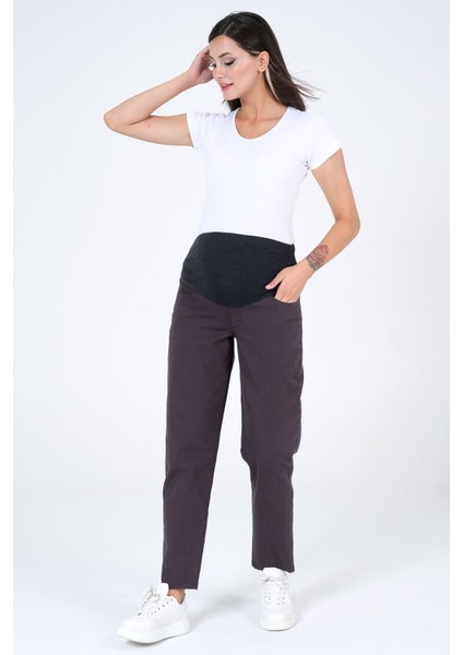 Hamile Arkası Kemerli Esnek Karın Bantlı Mom Fit Kot Pantolon Antrasit modelleri