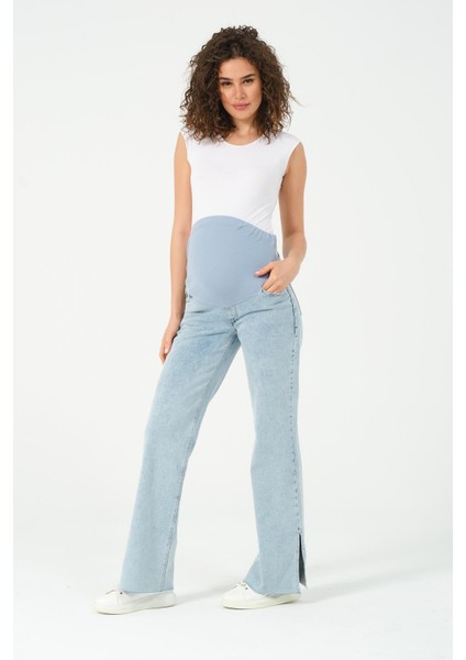 Hamile Esnek Karın Bantlı Bol Paça Yandan Yırtmaçlı Beli Ayarlanabilir Kot Pantolon Taş Mavi