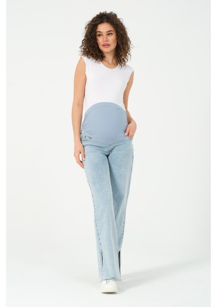 Hamile Esnek Karın Bantlı Bol Paça Yandan Yırtmaçlı Beli Ayarlanabilir Kot Pantolon Taş Mavi fiyatları