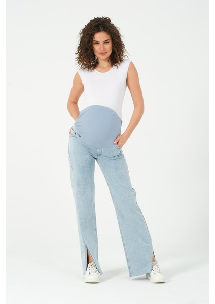 Hamile Esnek Karın Bantlı Bol Paça Yandan Yırtmaçlı Beli Ayarlanabilir Kot Pantolon Taş Mavi fırsatları