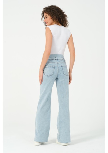 Hamile Esnek Karın Bantlı Bol Paça Yandan Yırtmaçlı Beli Ayarlanabilir Kot Pantolon Taş Mavi indirimleri