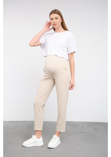 Hamile Esnek Karın Bantlı Belden Ayarlı Mom Fit Klasik Gabardin Pantolon Bej