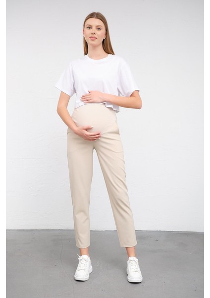 Hamile Esnek Karın Bantlı Belden Ayarlı Mom Fit Klasik Gabardin Pantolon Bej modelleri