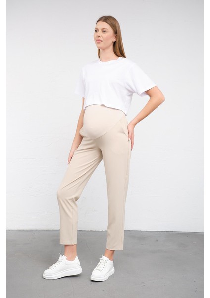 Hamile Esnek Karın Bantlı Belden Ayarlı Mom Fit Klasik Gabardin Pantolon Bej fırsatları