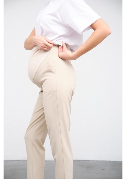 Hamile Esnek Karın Bantlı Belden Ayarlı Mom Fit Klasik Gabardin Pantolon Bej indirimleri
