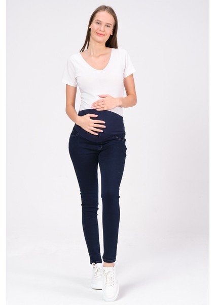 Hamile Esnek Karın Bantlı Skinny Termal Kot Pantolon Mavi