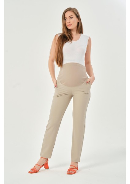 Hamile Esnek Karın Bantlı Belden Ayarlı Mom Fit Klasik Gabardin Pantolon Taş