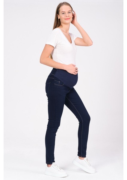 Hamile Esnek Karın Bantlı Skinny Termal Kot Pantolon Mavi