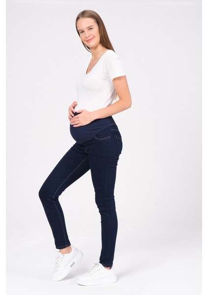 Hamile Esnek Karın Bantlı Skinny Termal Kot Pantolon Mavi