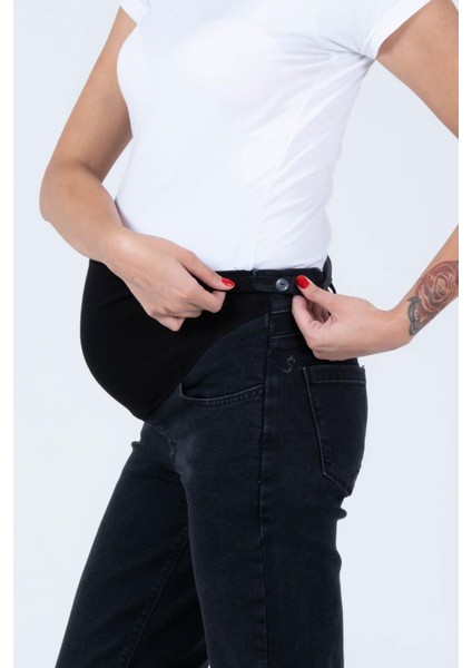 Hamile Esnek Karın Bantlı Beli Ayarlanabilir Büyük Beden Mom Fit Kot Pantolon Siyah modelleri