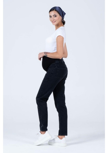 Hamile Esnek Karın Bantlı Beli Ayarlanabilir Büyük Beden Mom Fit Kot Pantolon Siyah fırsatları