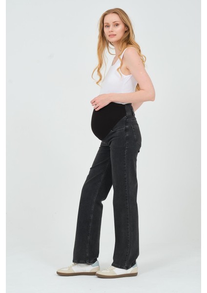 Hamile Karnı Saran Esnek Bantlı Arka Kemerli Bol Paça Kot Pantolon Füme fırsatları