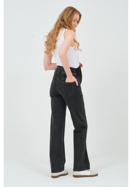 Hamile Karnı Saran Esnek Bantlı Arka Kemerli Bol Paça Kot Pantolon Füme indirimleri