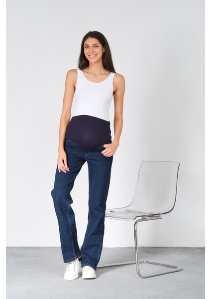 Hamile Karnı Saran Esnek Bantlı Arka Kemerli Bol Paça Kot Pantolon Lacivert