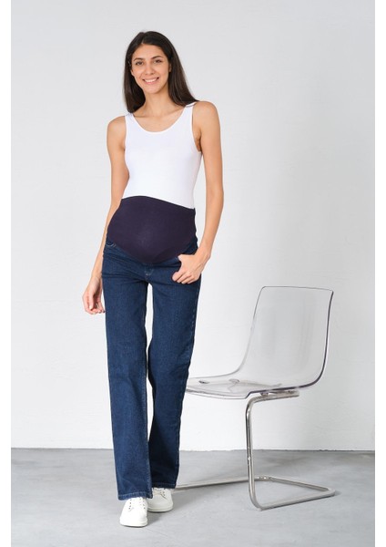 Hamile Karnı Saran Esnek Bantlı Arka Kemerli Bol Paça Kot Pantolon Lacivert fiyatları