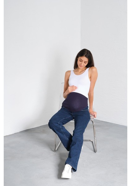 Hamile Karnı Saran Esnek Bantlı Arka Kemerli Bol Paça Kot Pantolon Lacivert modelleri