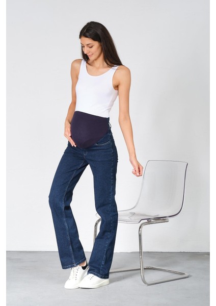 Hamile Karnı Saran Esnek Bantlı Arka Kemerli Bol Paça Kot Pantolon Lacivert fırsatları