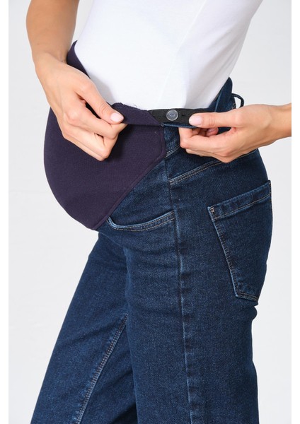 Hamile Karnı Saran Esnek Bantlı Arka Kemerli Bol Paça Kot Pantolon Lacivert indirimleri