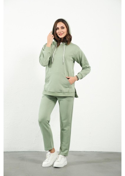 Hamile Esnek Karın Bantlı Beli Ayarlanabilir Kapüşonlu Emzirme Detaylı Eşofman Takımı Mintyeşili