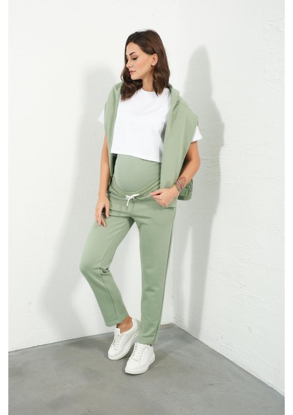 Hamile Esnek Karın Bantlı Beli Ayarlanabilir Kapüşonlu Emzirme Detaylı Eşofman Takımı Mintyeşili modelleri