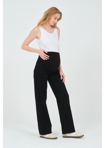 Hamile Karnı Saran Esnek Bantlı Arka Kemerli Bol Paça Kot Pantolon Siyah fiyatları