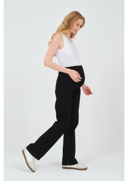 Hamile Karnı Saran Esnek Bantlı Arka Kemerli Bol Paça Kot Pantolon Siyah modelleri